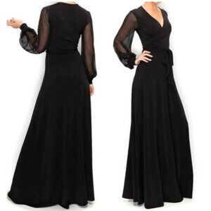 Janette Fashion Black Sheer Bell Long Sleeve Evening Formal Faux Wrap Maxi Dress